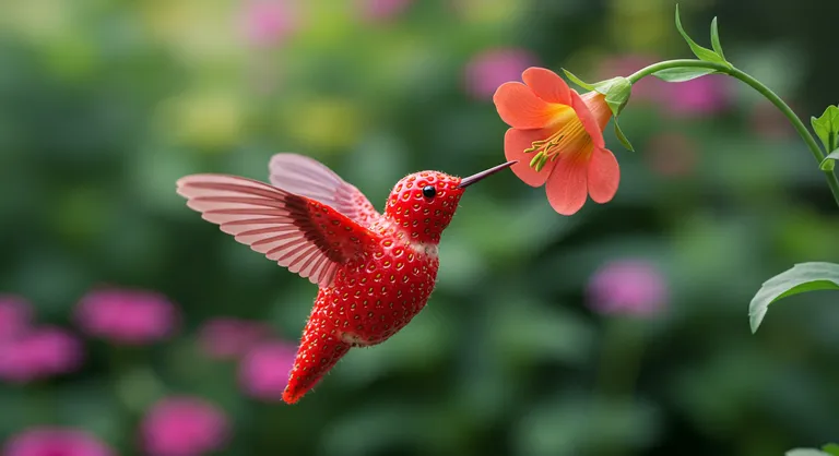 A close-up, macro photography stock photo of a strawberry intricately sculpted into the shape of a hummingbird in mid-flight, its wings a blur as it sips nectar from a vibrant, tubular flower. The backdrop features a lush, colorful garden with a soft, bokeh effect, creating a dreamlike atmosphere. The image is exceptionally detailed and captured with a shallow depth of field, ensuring a razor-sharp focus on the strawberry-hummingbird and gentle fading of the background. The high resolution, professional photographers style, and soft lighting illuminate the scene in a very detailed manner, professional color grading amplifies the vibrant colors and creates an image with exceptional clarity. The depth of field makes the hummingbird and flower stand out starkly against the bokeh background.