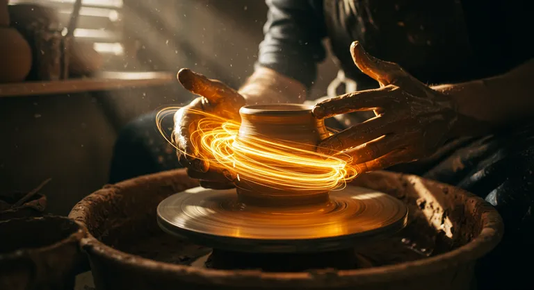 An extreme close-up of a craftsperson's hands shaping a glowing piece of pottery on a wheel. Threads of golden, luminous energy connect the potter’s hands to the clay, swirling dynamically with their movements.