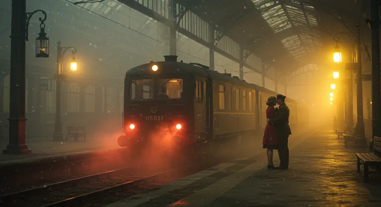 A foggy 1940s European train station at dawn, framed by intricate wrought-iron arches and misted glass windows. Steam rises from the tracks, blending with dense fog. Two lovers stand in an emotional embrace near the train, backlit by the warm, amber glow of dim lanterns. The departing train is partially visible, its red tail lights fading into the mist. The woman wears a faded red coat and clutches a small leather diary, while the man is dressed in a weathered soldier’s uniform. Dust motes float in the air, illuminated by the soft golden backlight. The atmosphere is melancholic and timeless, evoking the bittersweet farewell of wartime cinema.