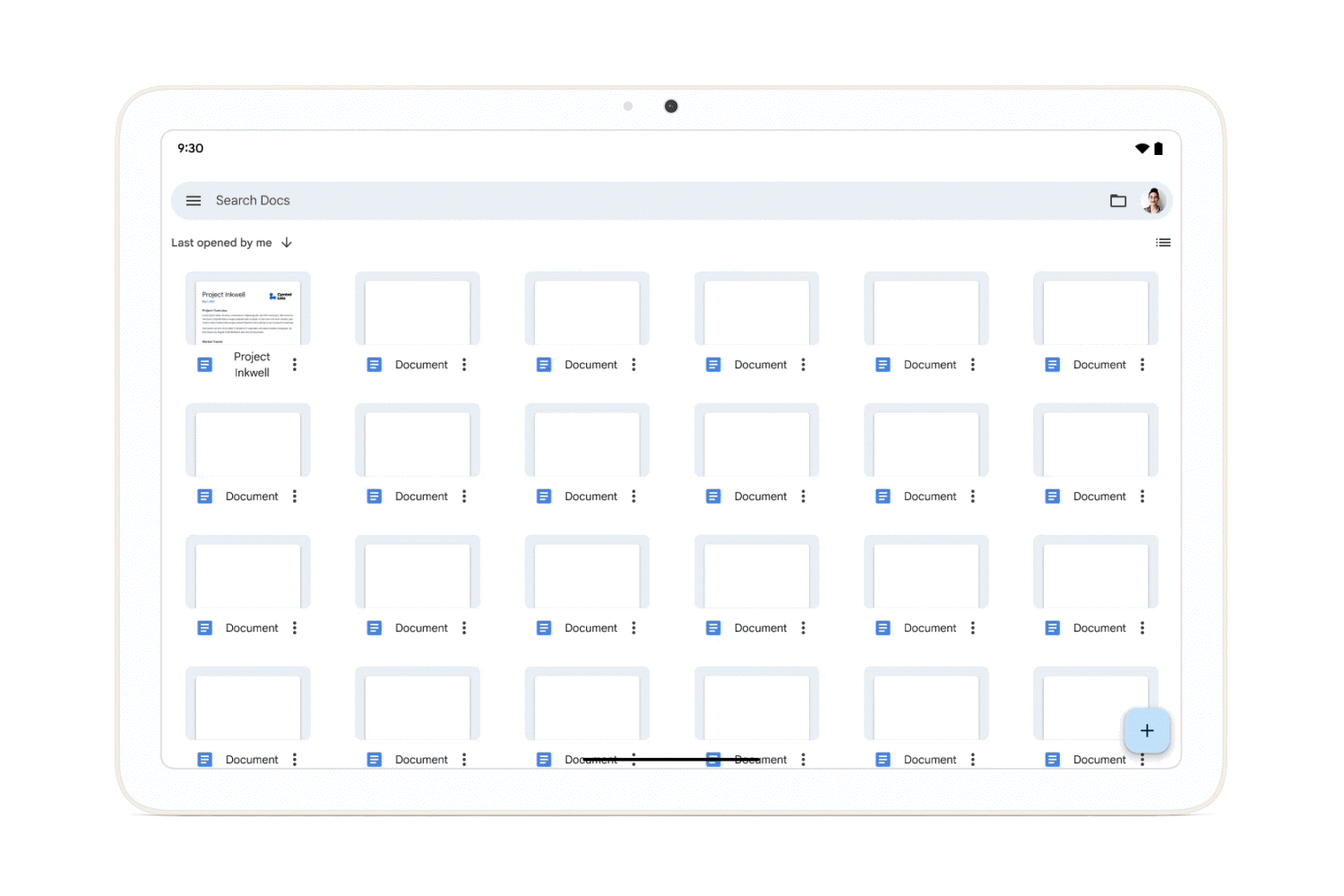 A document is opened in Google Docs on a Pixel tablet. After an on-screen tap, a keyboard appears on the screen.