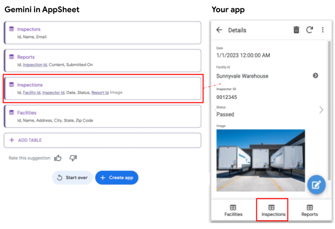 Inspections table generated by Gemini in AppSheet and shown in the app