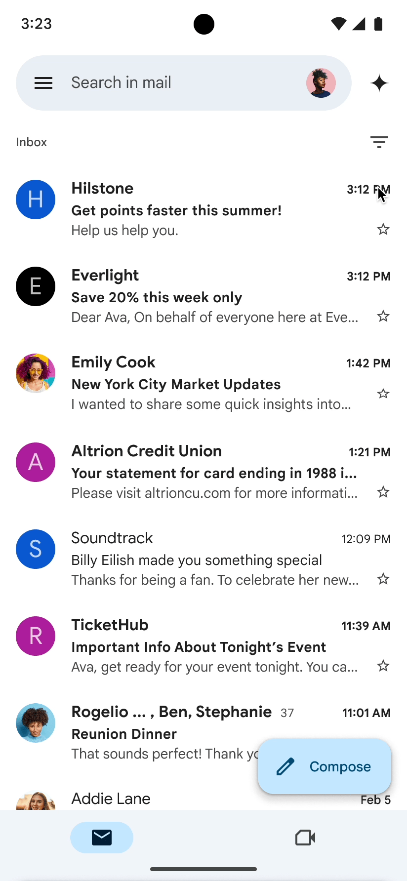 An animation showing the user tapping the Gemini icon in the top right corner of their Gmail inbox in mobile. After opening Gemini, the user types "Summarize unread emails from Emily." Gemini provides a summary of unread emails from Emily in the bottom panel of the Gmail app.