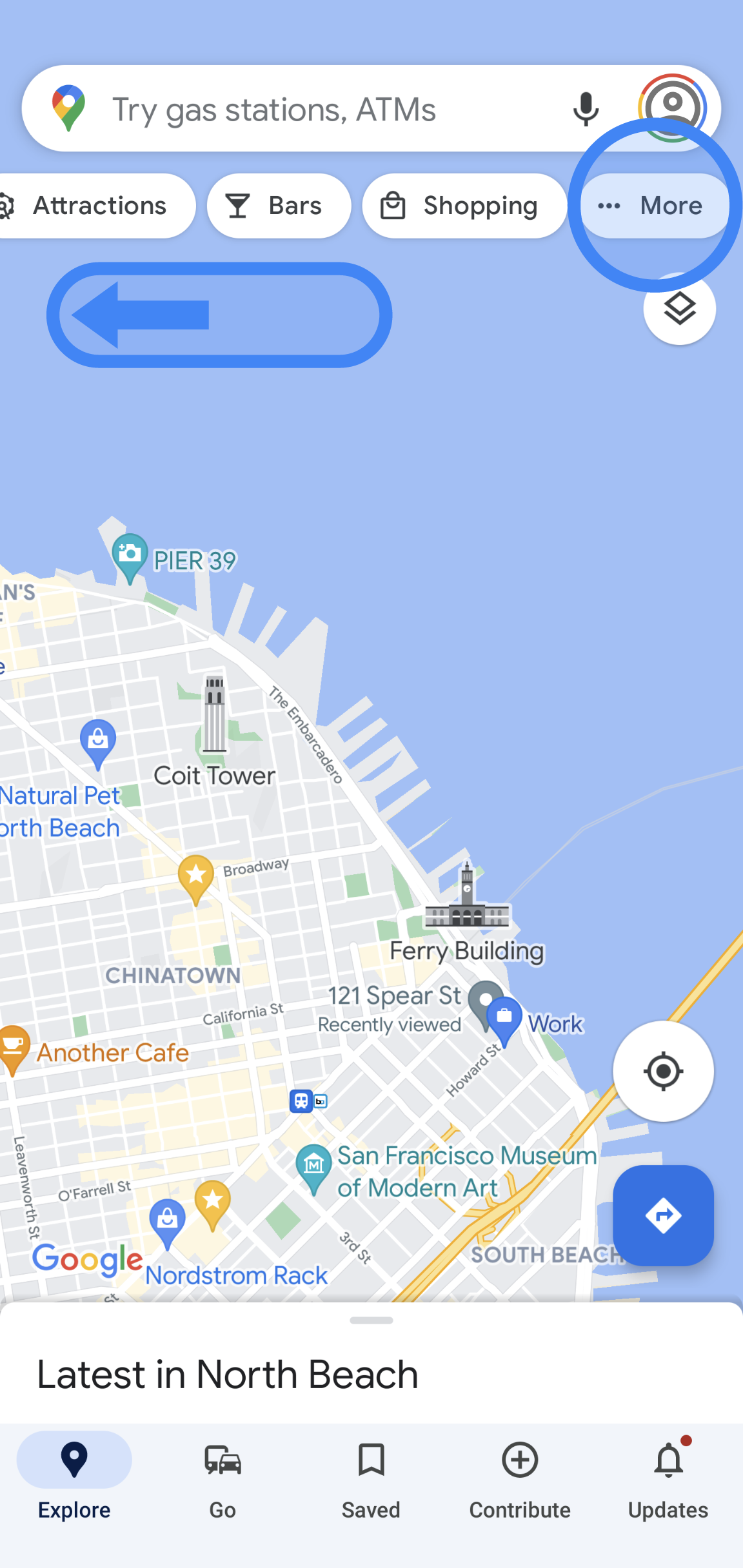 The Google Maps app displays a map of an area. There are tabs under the search bar, which have been scrolled over to the far right. The last tab on the right, which is circled in blue, says "More."