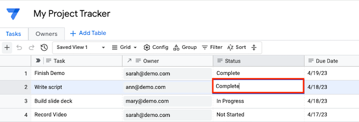 In Write script row, set Status to Complete