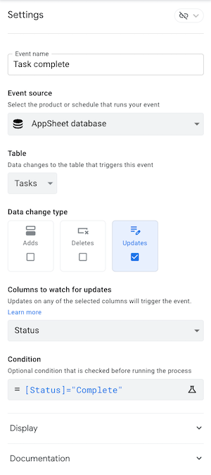 Event settings for AppSheet database event