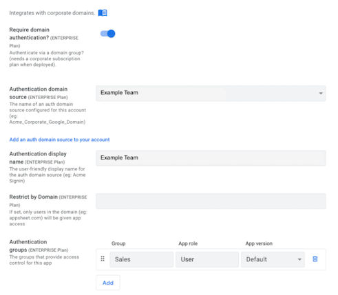 Set up domain authentication in an app on the Security > Domain Authentication tab