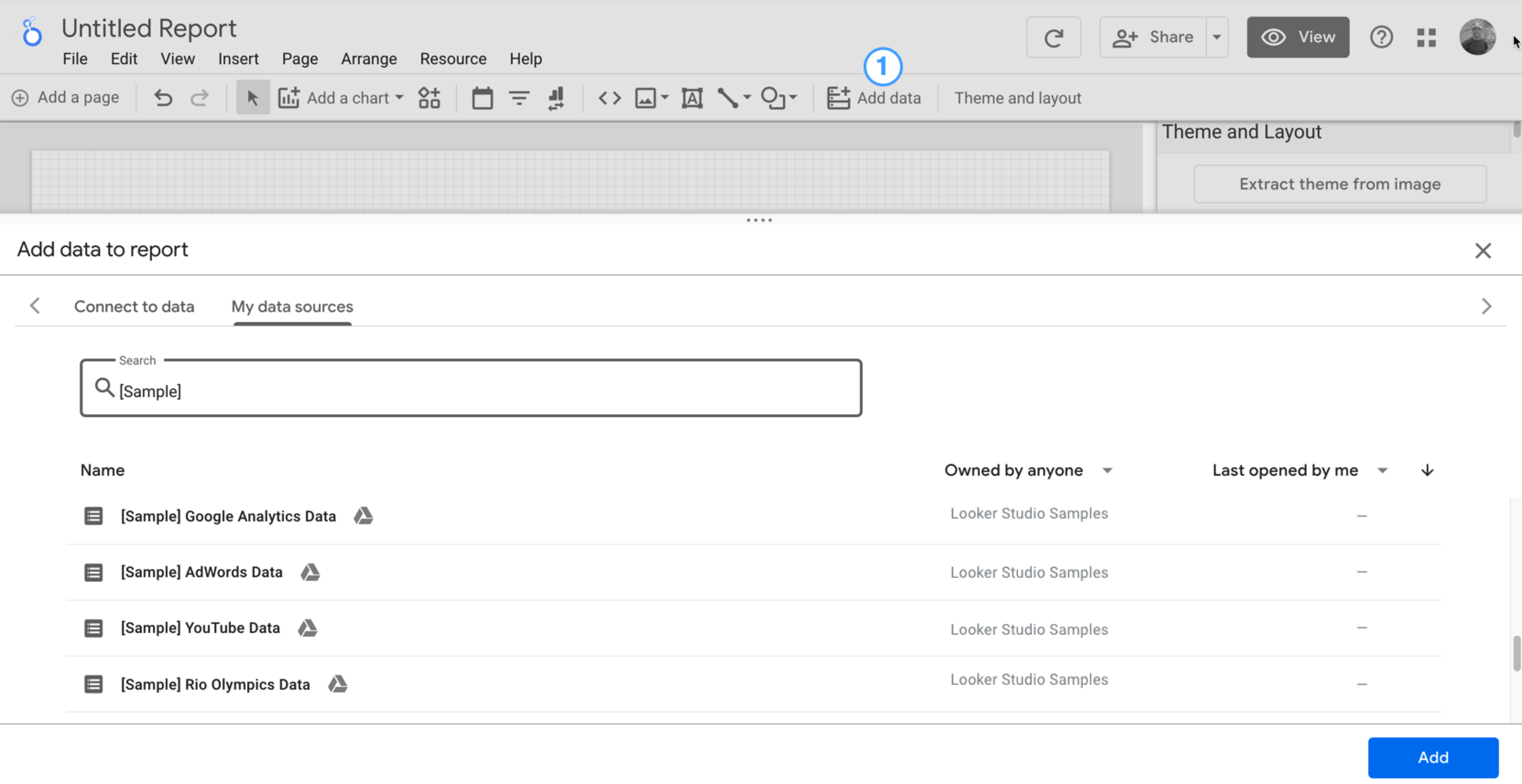 The Add data to report panel has two tabs for finding data to add to reports: Connect to data and My data sources.