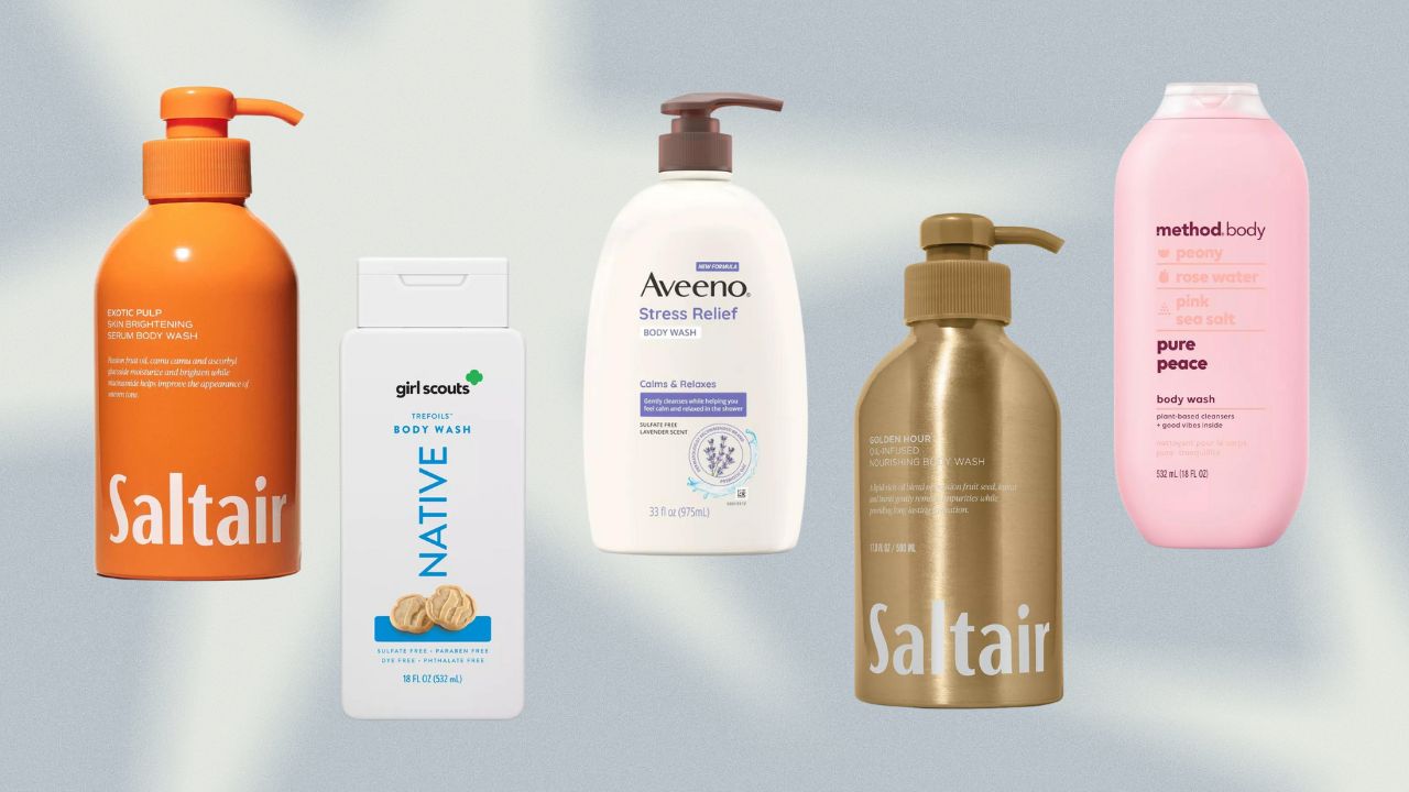 Saltair, Native, Aveeno, and Method body washes on a blue background