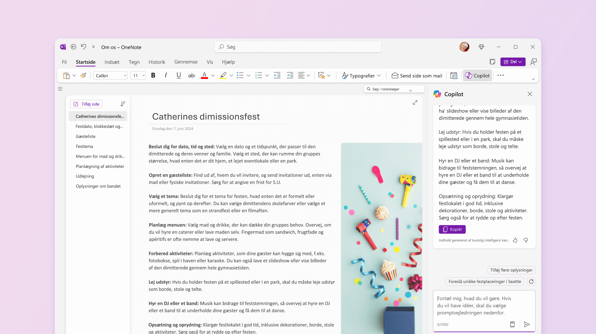 Skærmbillede, der viser Copilot i OneNote med forslag, som du kan prøve.