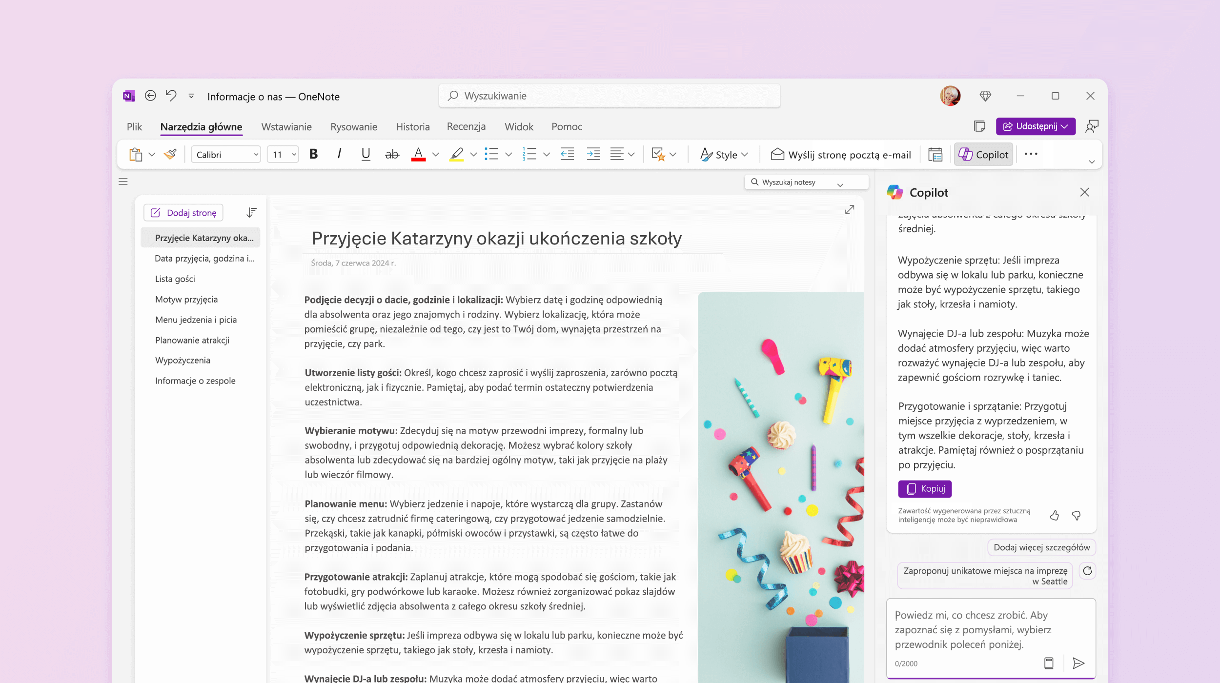 Zrzut ekranu pokazuje funkcję Copilot w programie OneNote przedstawiającą sugestie do wypróbowania.