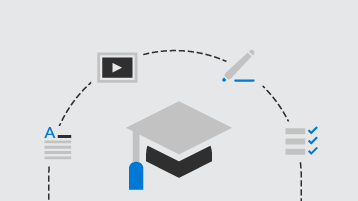 Ilustrație cu o pictogramă togă de absolvire conectată la pictograme text, video, scriere și listă de verificare, reprezentând resurse educaționale