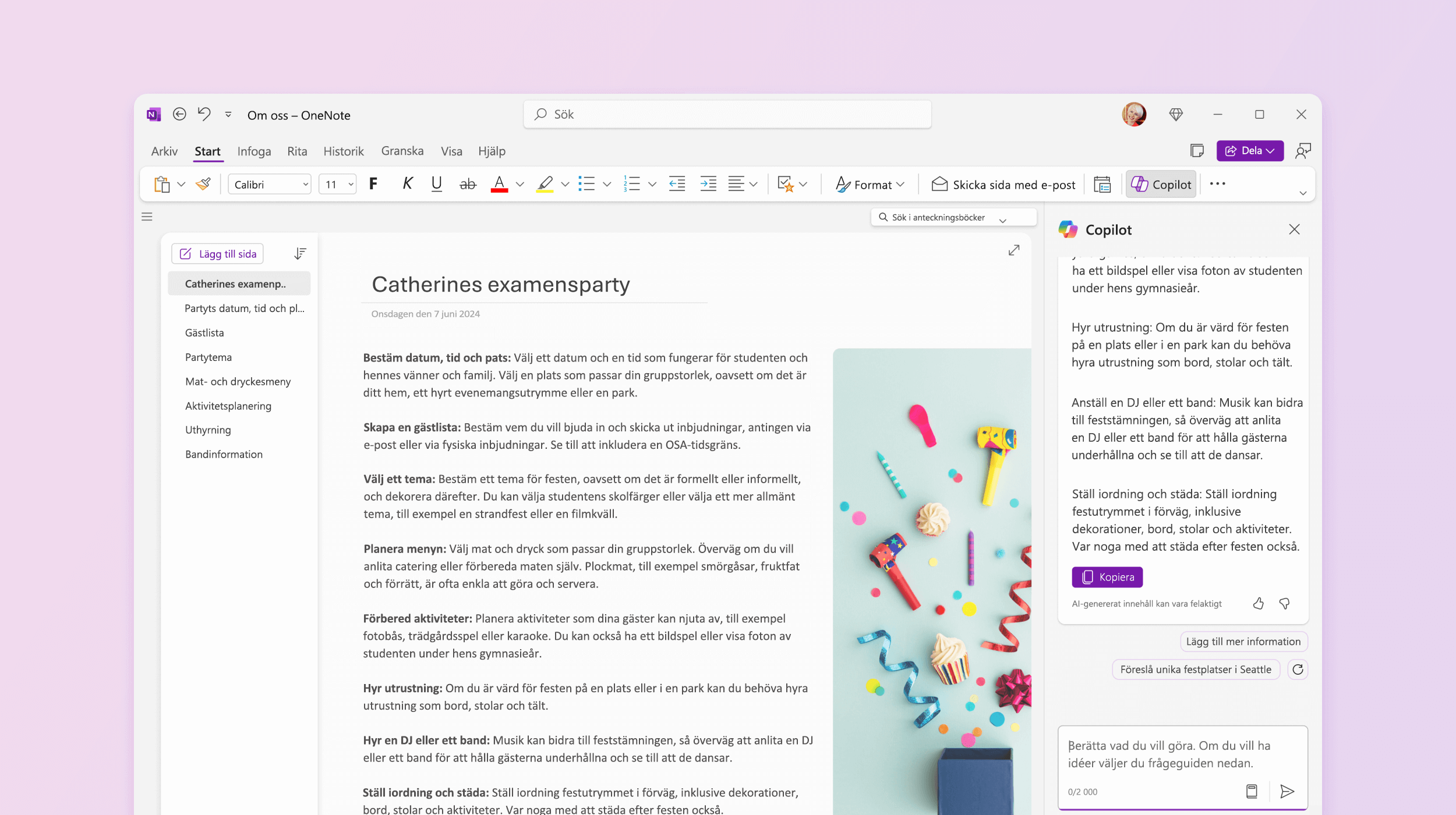 Skärmbild som visar Copilot i OneNote som ger förslag att prova.