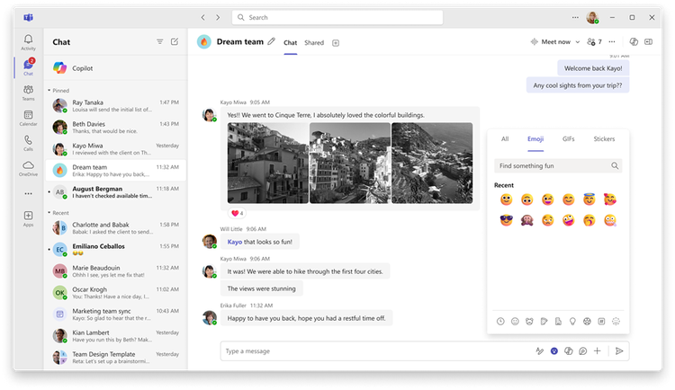 Emoji options in a Microsoft teams chat