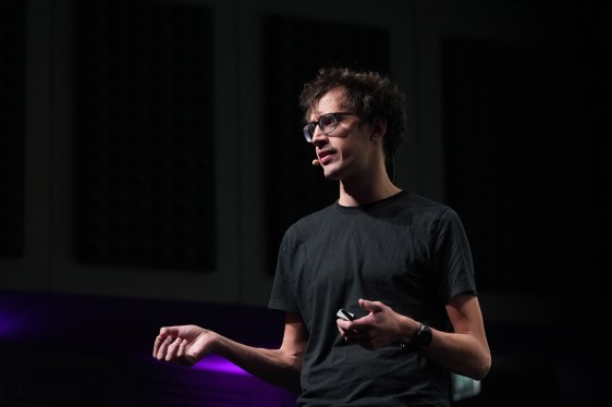 Arthur Mensch, founder of Mistral AI, speaks at the ai-Pulse conference at Station F technology campus in Paris, France, on Friday, Nov. 17, 2023.