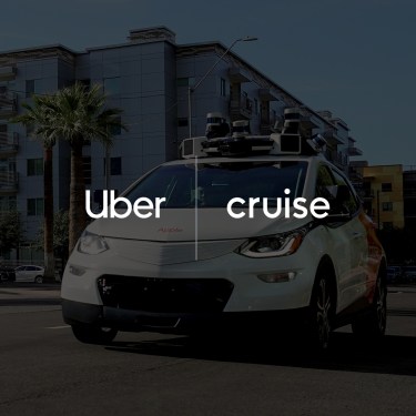 Uber Cruise logos overlayed on Cruise robotaxi