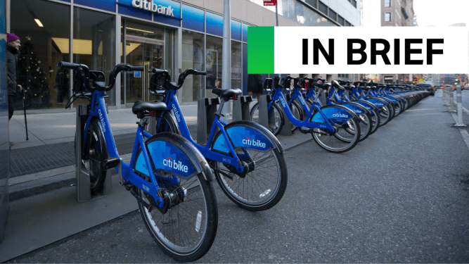 line of Citi Bikes parked at the curb