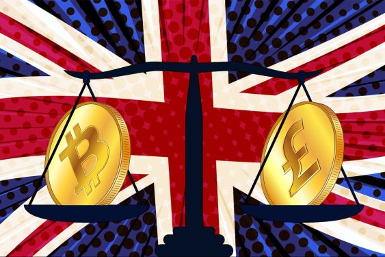 Bitcoin and British pound on scales and colored flag of Great Britain