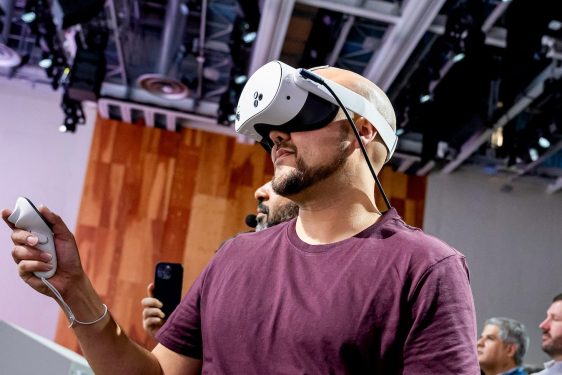 An attendee wears a Quest 3s virtual reality headset during the Meta Connect event in Menlo Park, California, US, on Wednesday, Sept. 25, 2024. 