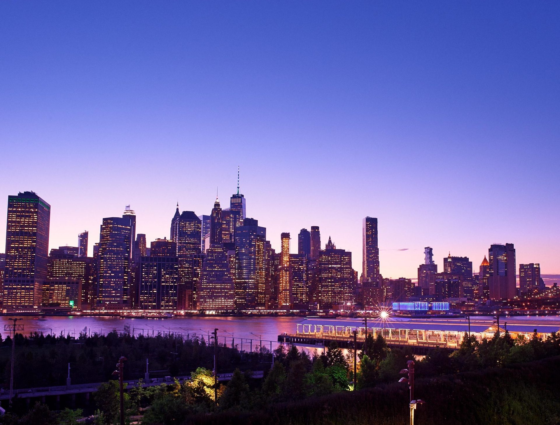 Skyline of New York City Financial District at night viewed from Boerum Hill