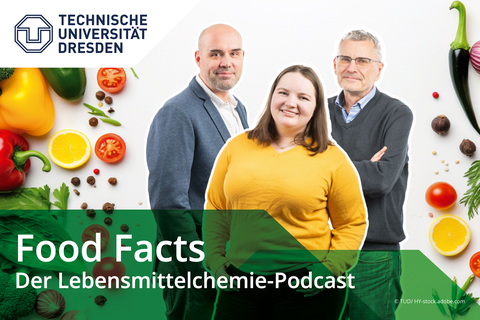 Cover zum Podcast Food Facts mit Logo der TU Dresden, Gemüse im Hintergrund und den drei Protagonist_innen im Vordergrund.