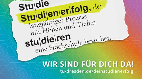 Dargestellt ist die Abbildung eines Dudenauszugs der Wörter "Studie", "Studienerfolg" und "Studieren", sowie deren Bedeutungen. Weiterhin ist der Ausdruck "Wir sind für dich da!" darunter zu sehen. 