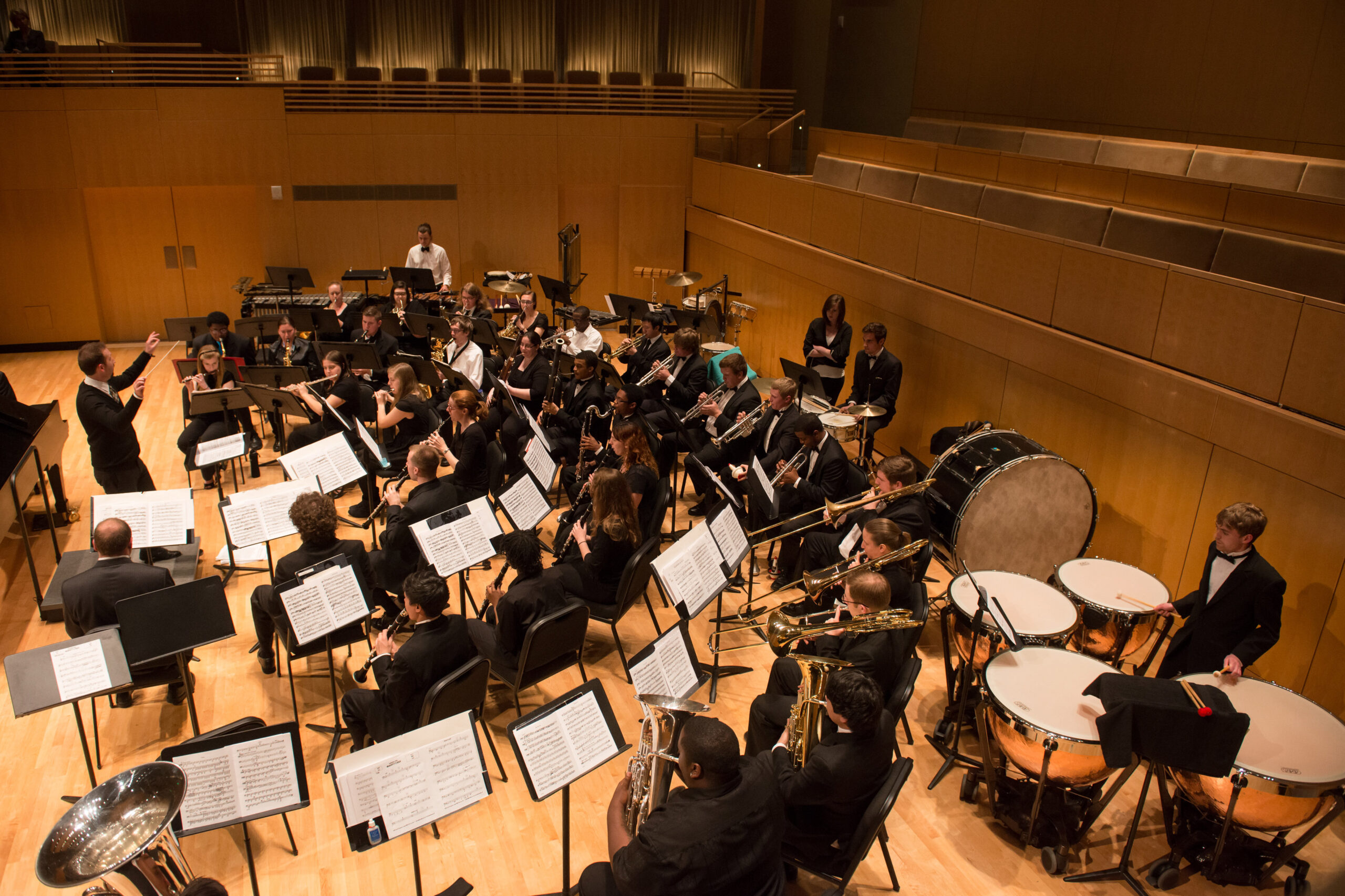 A large group of musicians perform on stage