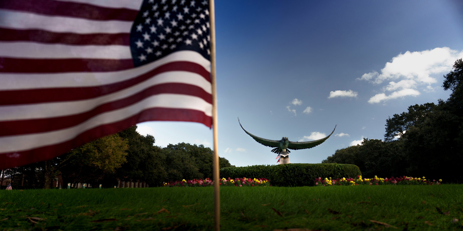 Seahawk statue with the American flag in the foreground. 