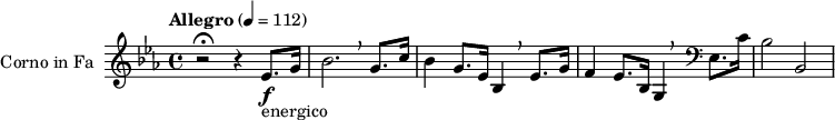 
\transpose c f,
{
  \relative c'' {
    \key bes \major {
    \set Staff.midiInstrument = "french horn"
    \set Staff.instrumentName = #"Corno in Fa"
    \tempo  "Allegro" 4 = 112
      {
        r2 \fermata r4  bes8. \f _"energico" d16 |
        f2. \breathe d8. g16 |
        f4 d8. bes16 f4 \breathe bes8. d16 |
        c4 bes8. f16 d4 \breathe \clef bass bes8. g'16 |
        f2 f,2
      }
    }
  }
}
\layout { indent = 2.5\cm }
