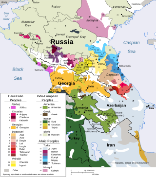 Linguistic map of the Caucasus region: Lezgian is spoken in the coral area, numbered "10."