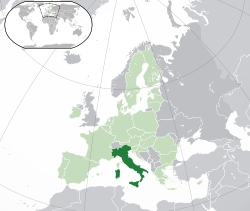  इटाली के स्थान  (गाढा हरियर) – in Europe  (हरियर आर गाढा ग्रे) – युरोपेली सङ्घ में  (हरियर)  –  [नक्सा]