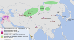 The distribution of the Syriac language in the Middle East and Asia