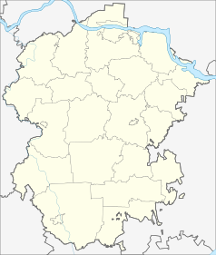 Mapa konturowa Czuwaszji, w centrum znajduje się punkt z opisem „Klimowo”