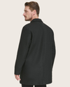 Back view of model wearing Black Wool Blend Top Coat.