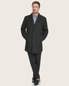 Front view of model wearing Black Wool Blend Top Coat.