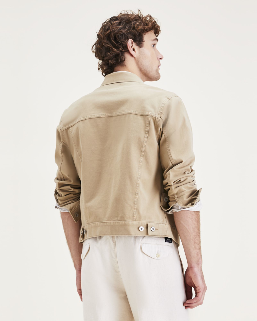 Back view of model wearing Harvest Gold Trucker Jacket, Regular Fit.