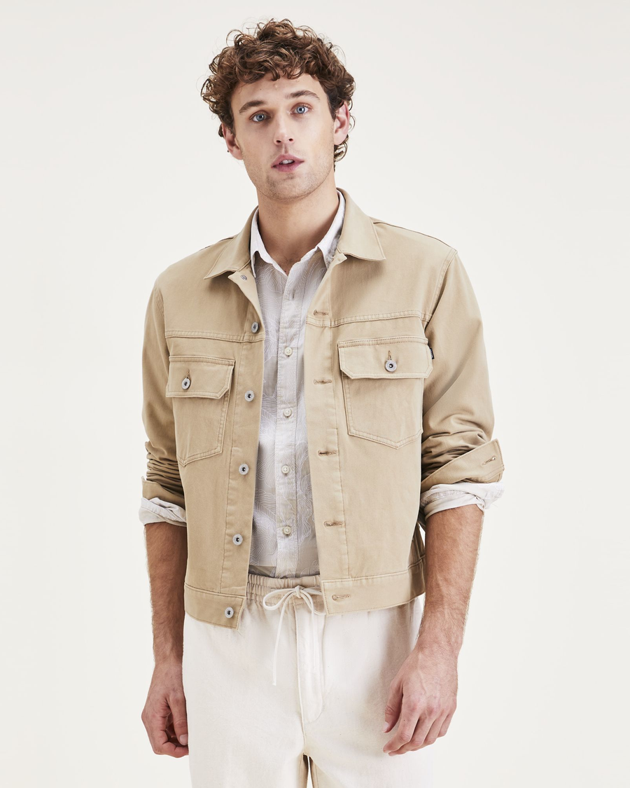 Front view of model wearing Harvest Gold Trucker Jacket, Regular Fit.