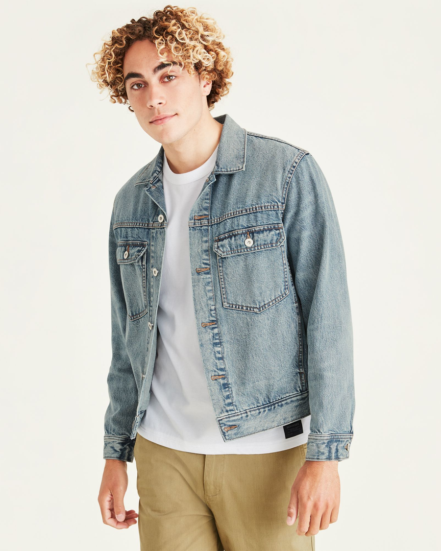 Front view of model wearing Light Wash Trucker Jacket, Regular Fit.