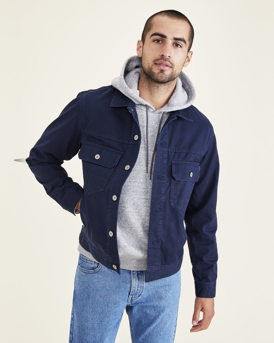 Front view of model wearing Navy Blazer Trucker Jacket, Regular Fit.