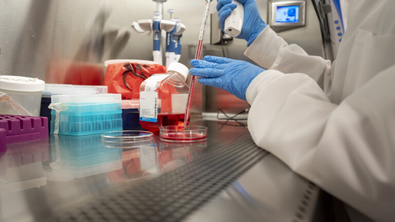 A researcher in a lab setting at USC using a Petri dish.