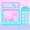 harpers_child: illustration in pastel shades of a shopfront with a sign advertising "tarot" (pastel tarot)