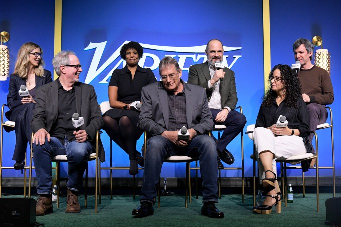 HOLLYWOOD, CALIFORNIA - NOVEMBER 30: (L-R) Charlotte Stoudt, Fred Golan, Sonja Warfield, Michael Dinner, Craig Mazin, Debora Cahn, and Nathan Fielder speak onstage during Variety A Night in the Writers' Room at NeueHouse Hollywood on November 30, 2023 in Hollywood, California. (Photo by Charley Gallay/Variety via Getty Images)