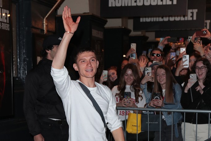 LONDON, ENGLAND - MAY 24: Tom Holland seen leaving Duke of York's Theatre following his Romeo & Juliet performance on May 24, 2024 in London, England. (Photo by Ricky Vigil M / Justin E Palmer/GC Images)