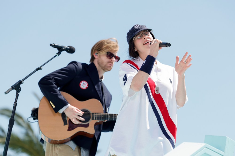 UNSPECIFIED: (EXCLUSIVE COVERAGE) In this image released on August 11, (L-R) FINNEAS and Billie Eilish  perform at the LA28 Olympic Games Handover Celebration. (Photo by Emma McIntyre/Getty Images for LA28)