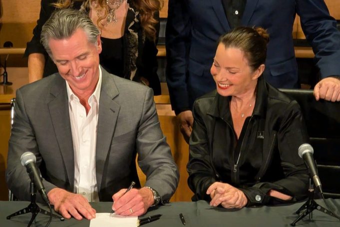 Gavin Newsom signs AI bills with Fran Drescher, Duncan Crabtree-Ireland, and Joely Fisher