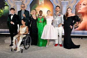 Ethan Slater, Marissa Bode, Jeff Goldblum, Michelle Yeoh, Cynthia Erivo, Ariana Grande, Jonathan Bailey, Bronwyn James at the "Wicked" Los Angeles Premiere at the Dorothy Chandler Pavilion on November 9, 2024 in Los Angeles, California.