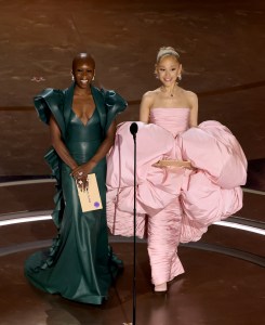 HOLLYWOOD, CALIFORNIA - MARCH 10: (L-R) Cynthia Erivo and Ariana Grande speak onstage during the 96th Annual Academy Awards at Dolby Theatre on March 10, 2024 in Hollywood, California. (Photo by Kevin Winter/Getty Images)