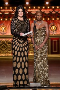 NEW YORK, NEW YORK - JUNE 16: (L-R) Idina Menzel and Cynthia Erivo speak onstage during The 77th Annual Tony Awards at David H. Koch Theater at Lincoln Center on June 16, 2024 in New York City.  (Photo by Theo Wargo/Getty Images for Tony Awards Productions)