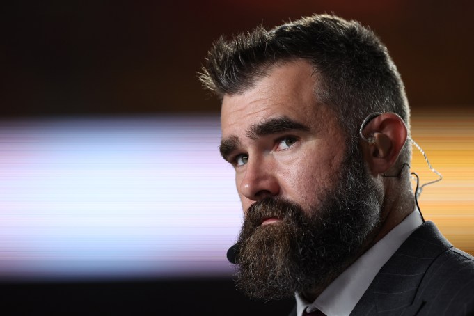 KANSAS CITY, MISSOURI - NOVEMBER 04: Former professional football player and ESPN broadcaster Jason Kelce looks on before the game between the Tampa Bay Buccaneers and the Kansas City Chiefs at GEHA Field at Arrowhead Stadium on November 04, 2024 in Kansas City, Missouri. (Photo by Jamie Squire/Getty Images)