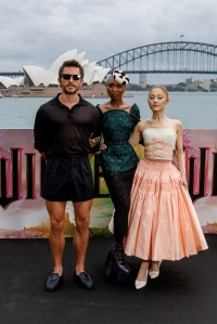 SYDNEY, AUSTRALIA - NOVEMBER 05: (L-R) Jonathan Bailey, Cynthia Erivo and Ariana Grande pose for a photocall for the Australian premiere of "Wicked" at  on November 05, 2024 in Sydney, Australia. (Photo by Brendon Thorne/Getty Images)