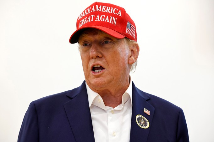 PALM BEACH, FLORIDA - NOVEMBER 05: Republican presidential nominee former President Donald Trump talks to reporters after casting their votes at the polling place in the Morton and Barbara Mandel Recreation Center on Election Day, on November 05, 2024 in Palm Beach, Florida.  Trump will hold an Election Night event at the Palm Beach Convention Center. (Photo by Chip Somodevilla/Getty Images)